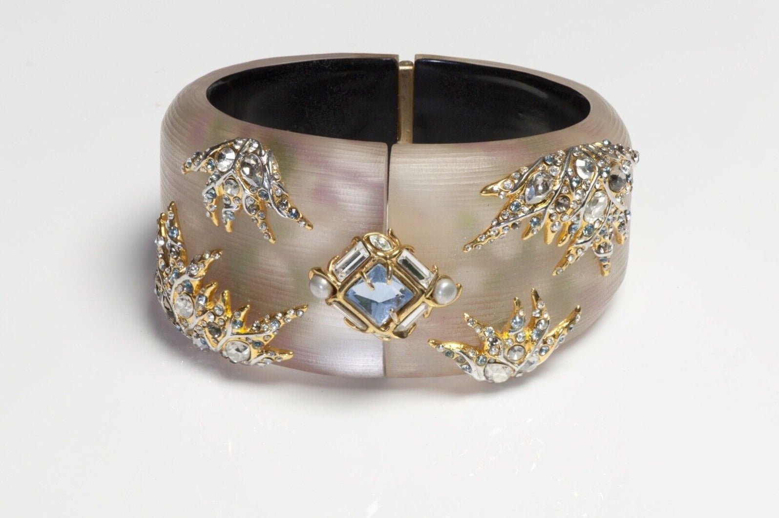Alexis Bittar Wide Floral Lucite Faux Pearl Crystal Bangle Bracelet - DSF Antique Jewelry