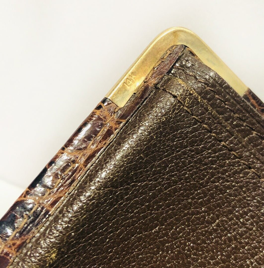 Alfred Dunhill Glossy Brown Crocodile 14K Gold Corners Long Bifold Wallet - DSF Antique Jewelry