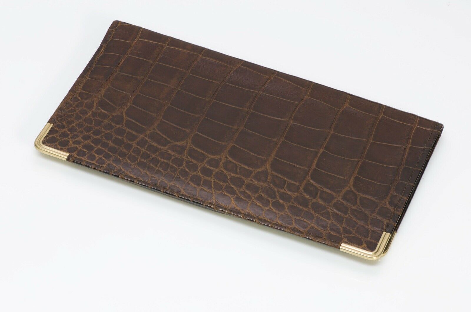 Alfred Dunhill Glossy Brown Crocodile 14K Gold Corners Long Bifold Wallet