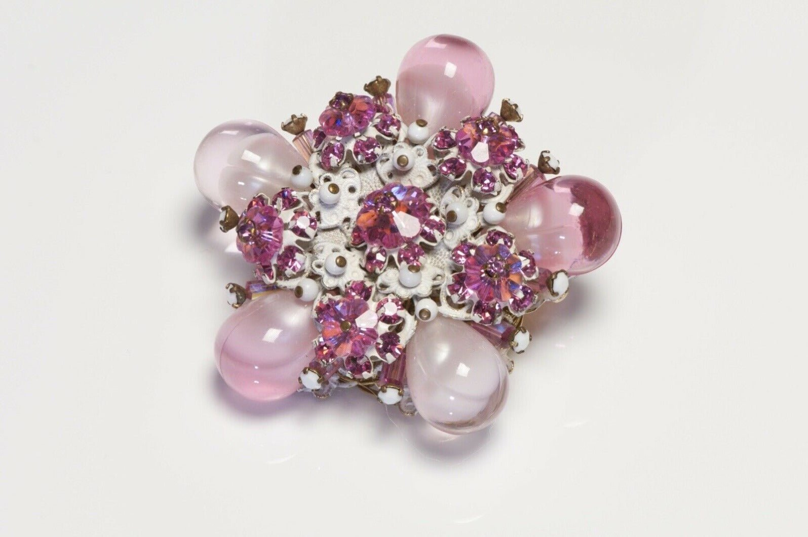Alice Caviness Pink Crystal Glass White Beads Flower Brooch