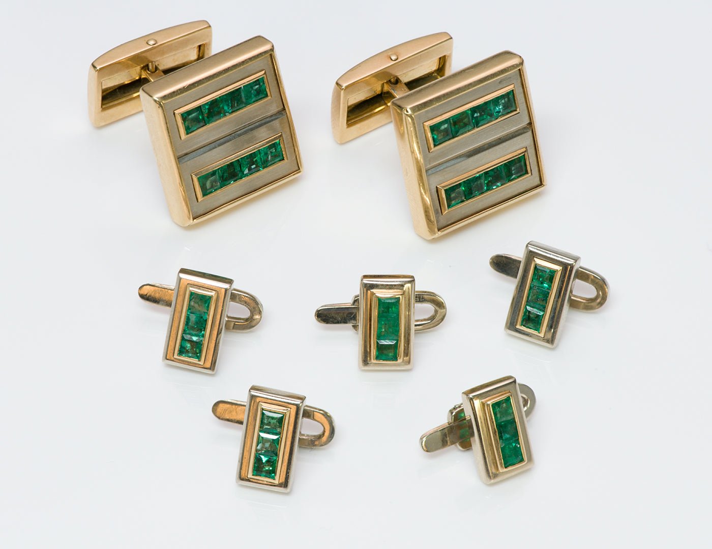 Allan Adler 18K Gold Emerald Cufflink & Stud Set - DSF Antique Jewelry