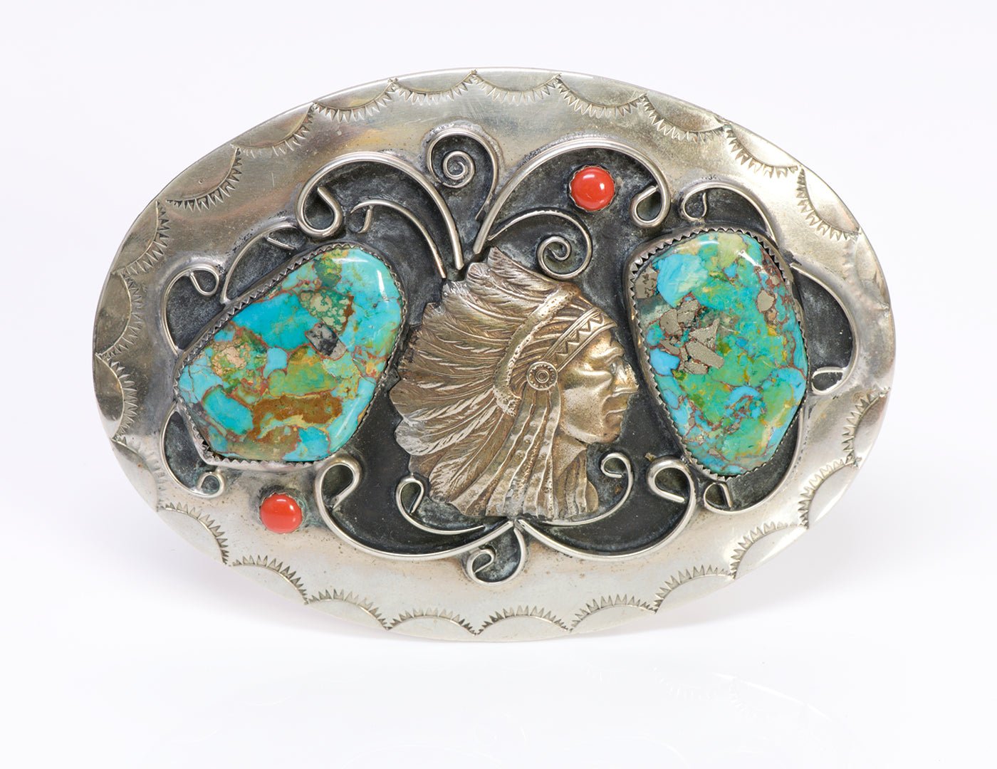 American Indian Chief Turquoise Coral Belt Buckle