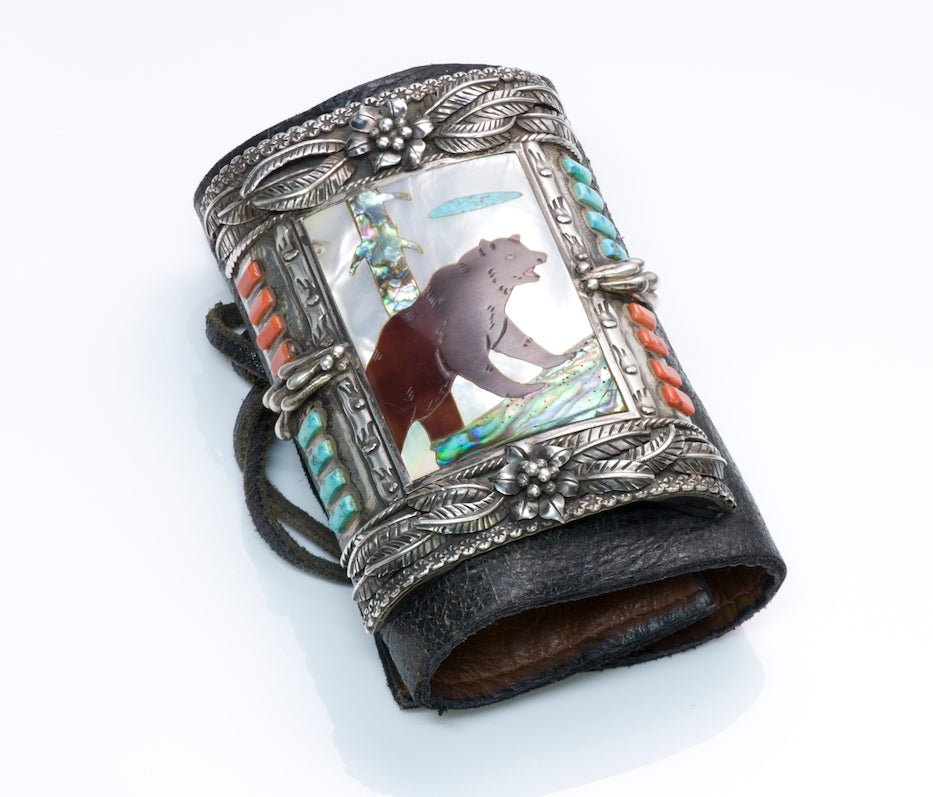 American Indian Leather Coral Mother of Pearl Silver Bear Bracelet - DSF Antique Jewelry