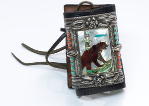 American Indian Leather Coral Mother of Pearl Silver Bear Bracelet