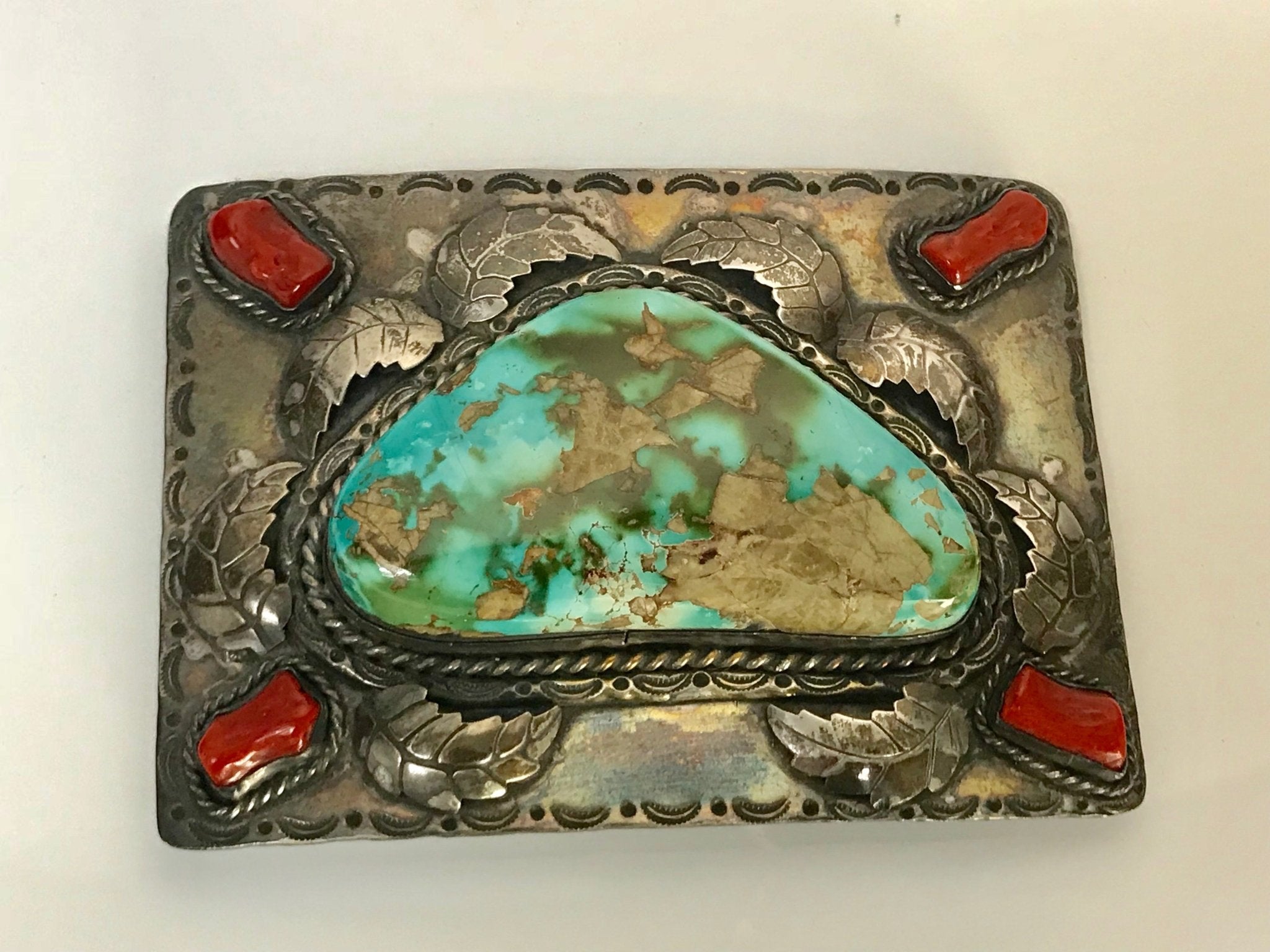 American Indian Silver Coral Turquoise Belt Buckle