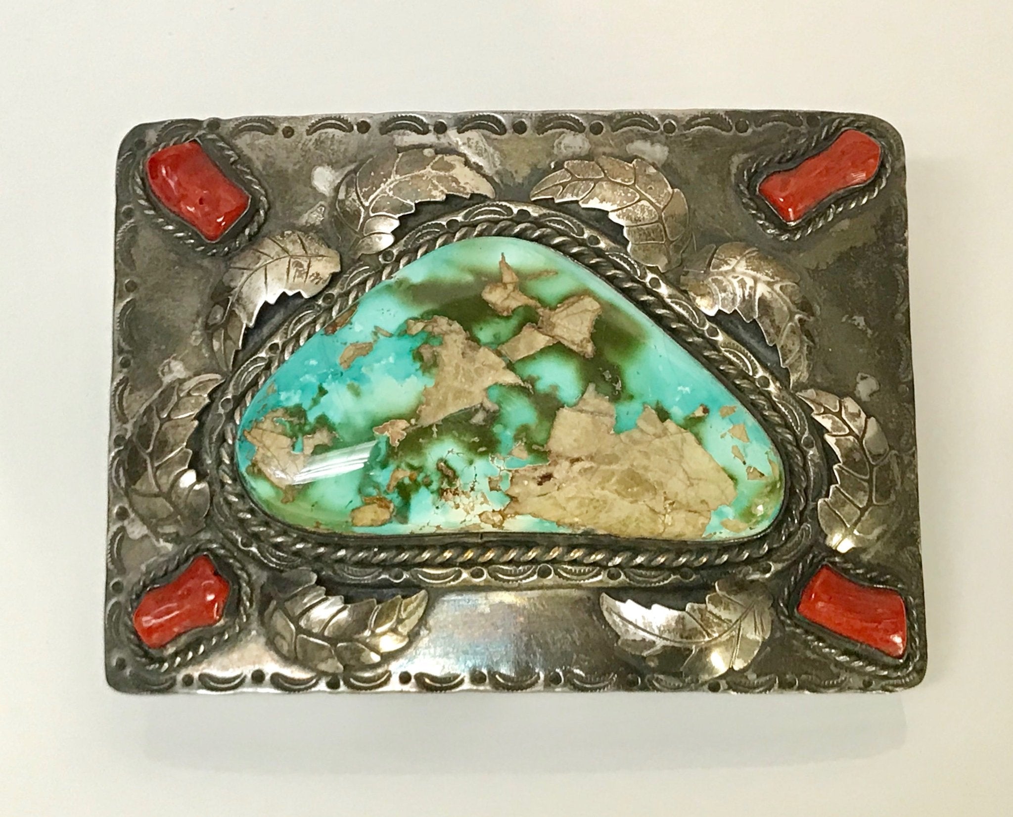American Indian Silver Coral Turquoise Belt Buckle - DSF Antique Jewelry