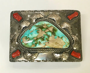 American Indian Silver Coral Turquoise Belt Buckle