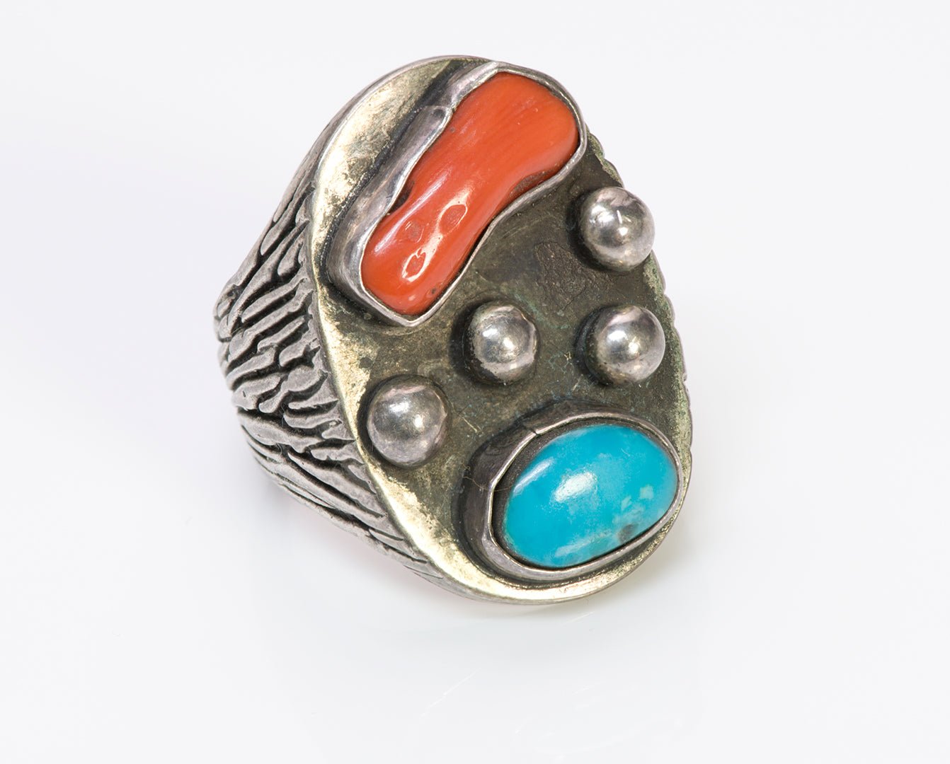American Indian Silver Coral Turquoise Men's Ring - DSF Antique Jewelry