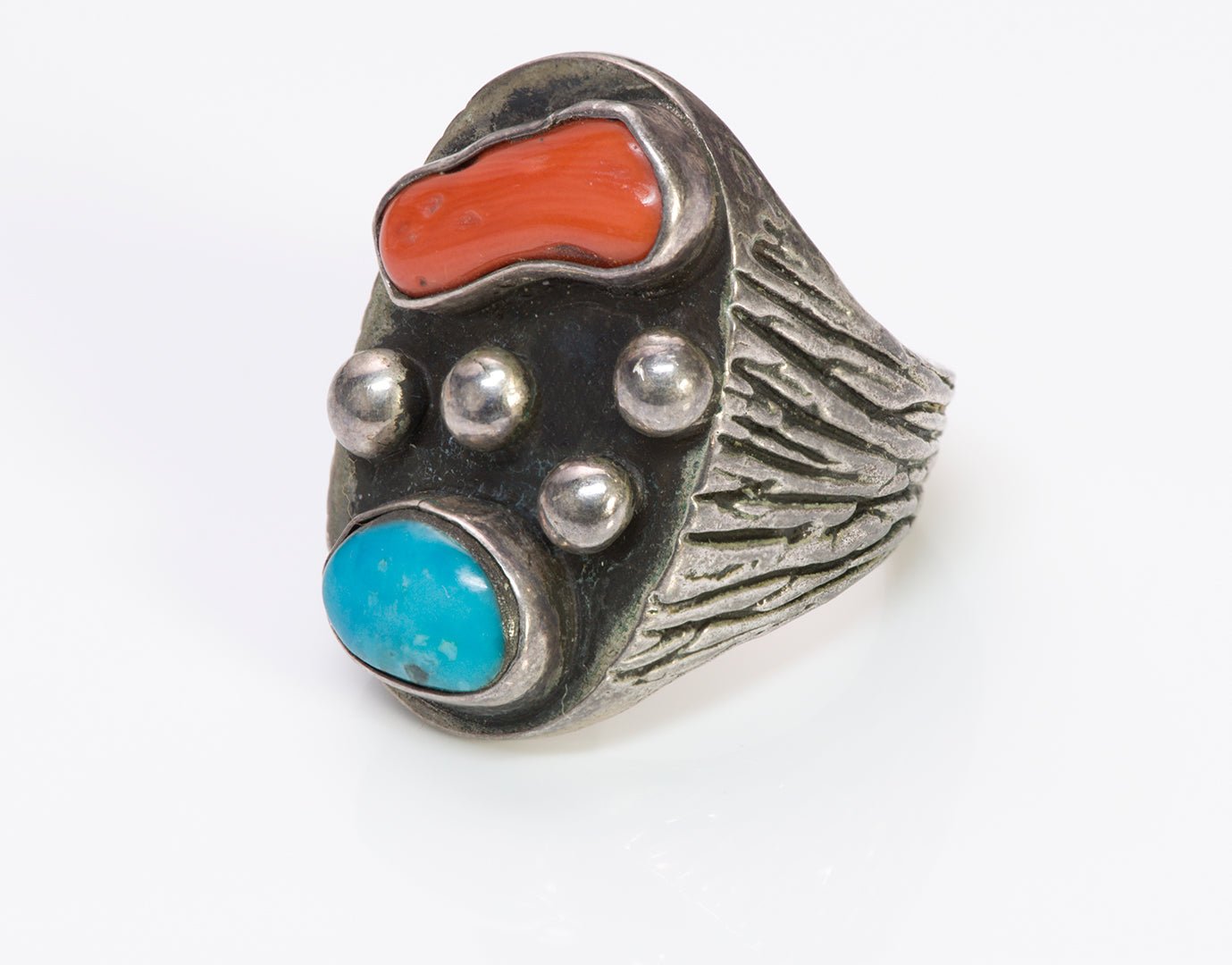 American Indian Silver Coral Turquoise Men's Ring - DSF Antique Jewelry