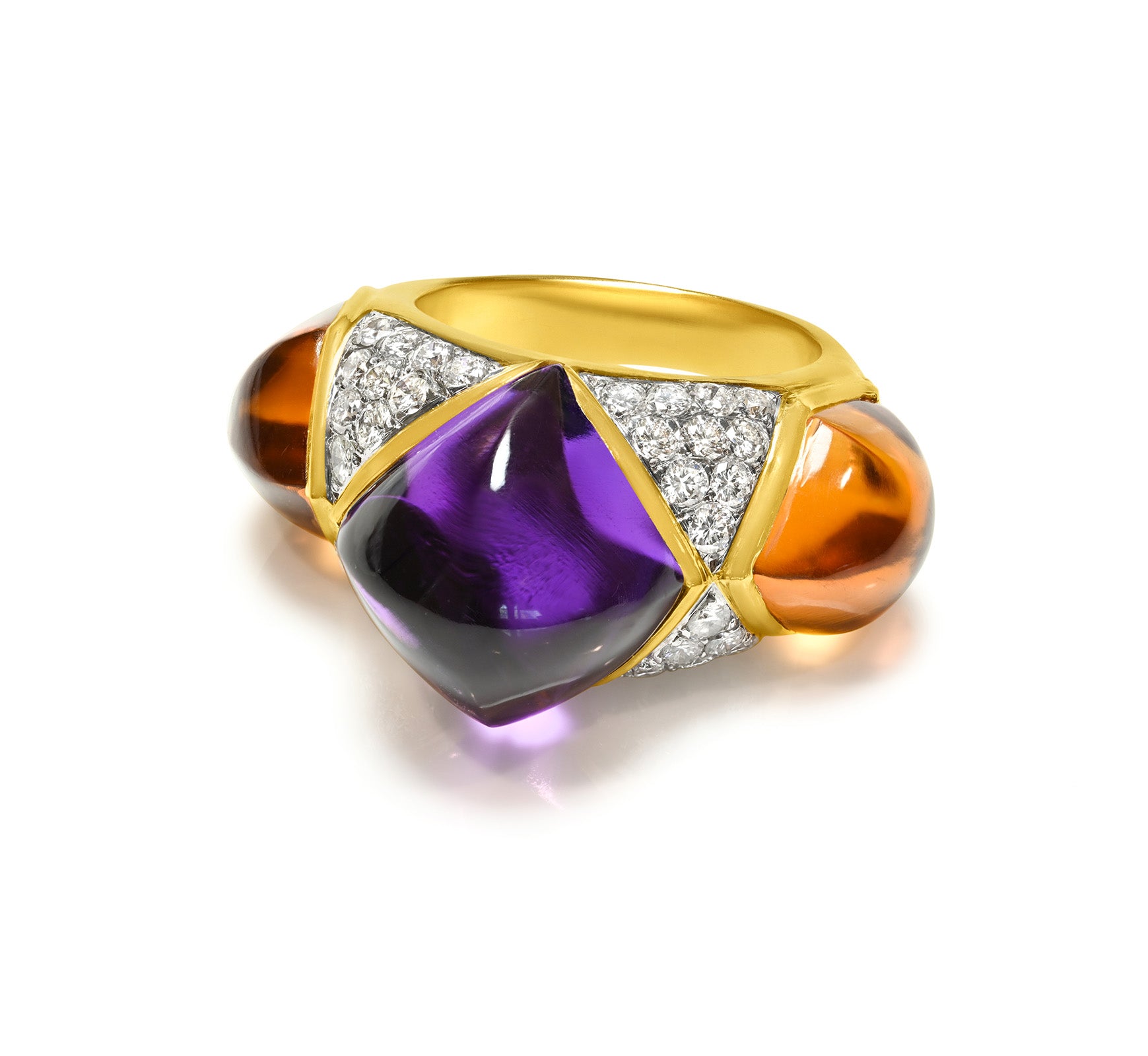 Bold Amethyst & Citrine Cabochon Ring with Diamonds in 18K Gold