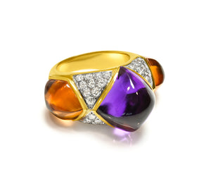 Bold Amethyst & Citrine Cabochon Ring with 2 CWT Diamonds in 18K Gold