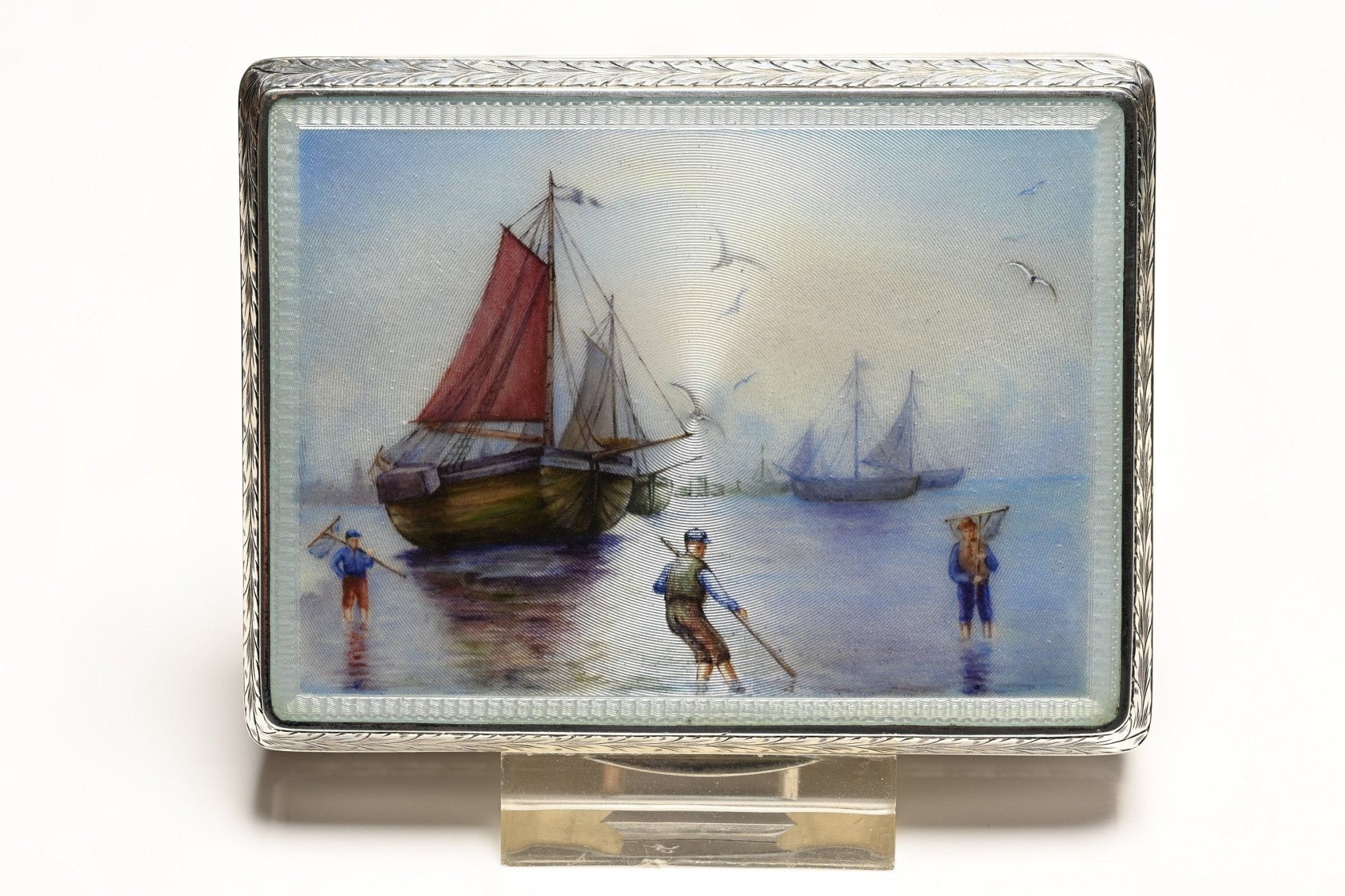 An Antique Sterling Silver and Enamel Nautical Scene Case