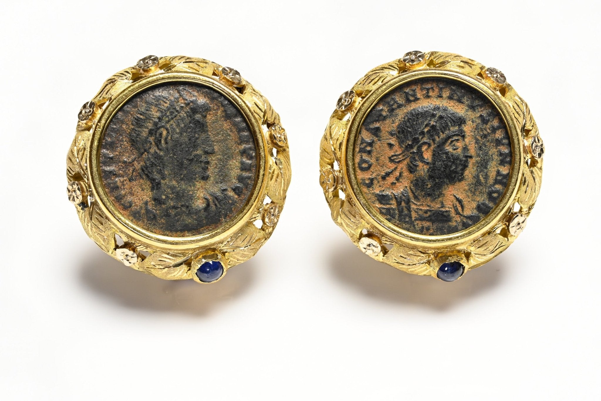 Ancient Coin Gold Sapphire Earrings - DSF Antique Jewelry