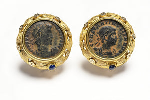 Ancient Coin Gold Sapphire Earrings