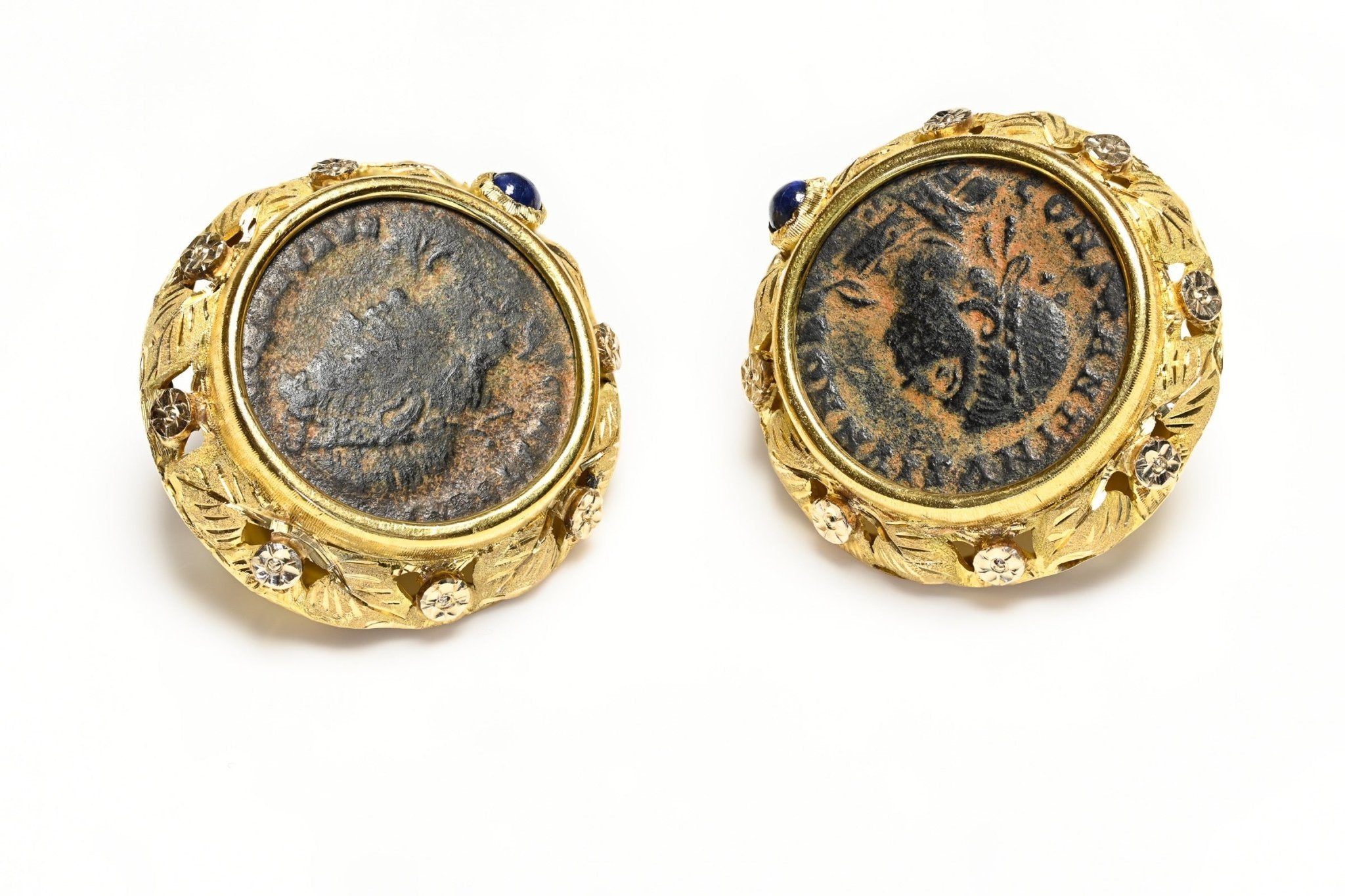 Ancient Coin Gold Sapphire Earrings - DSF Antique Jewelry