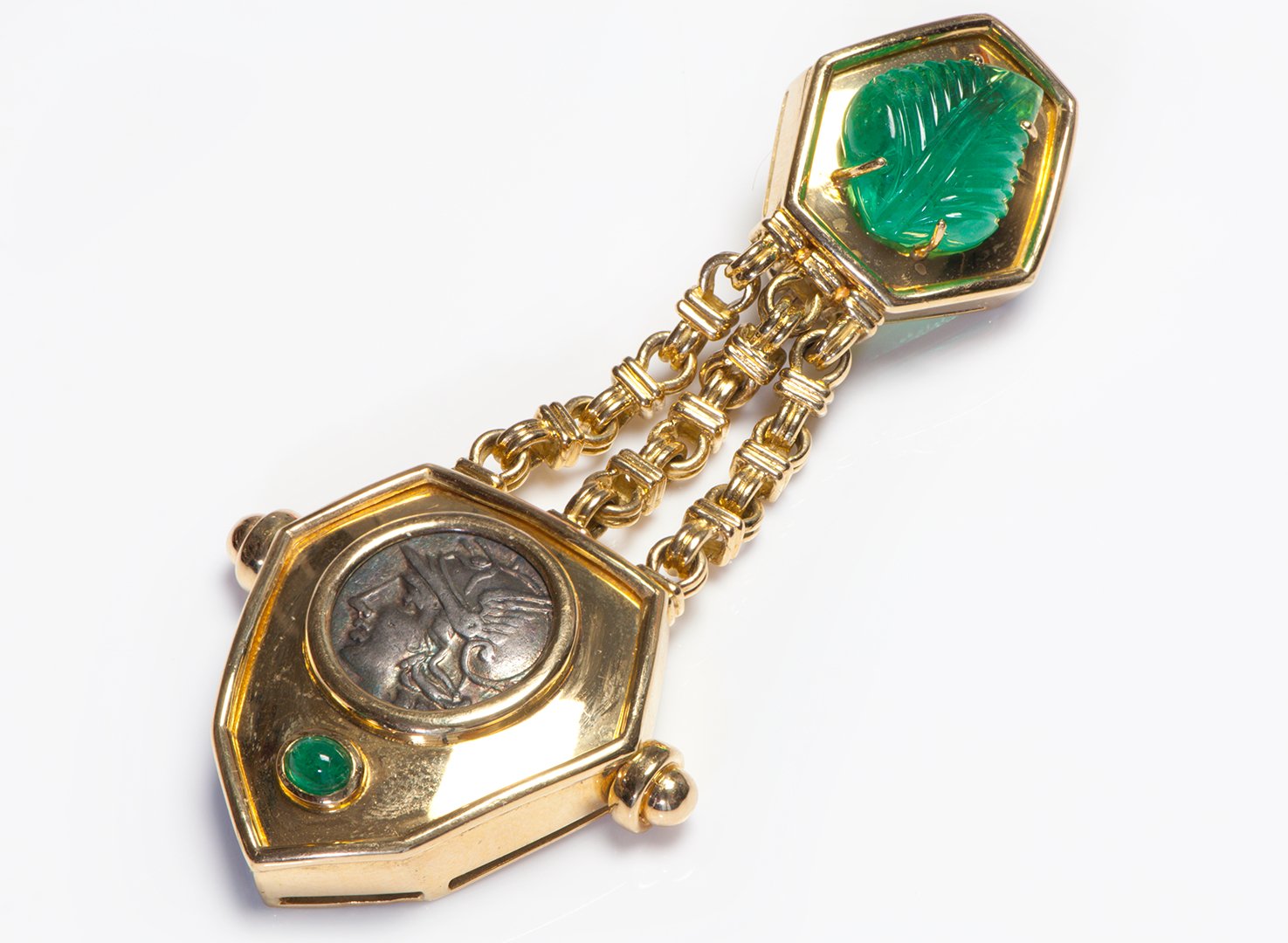 Ancient Roman Coin Carved Emerald 18K Gold Fob Brooch - DSF Antique Jewelry