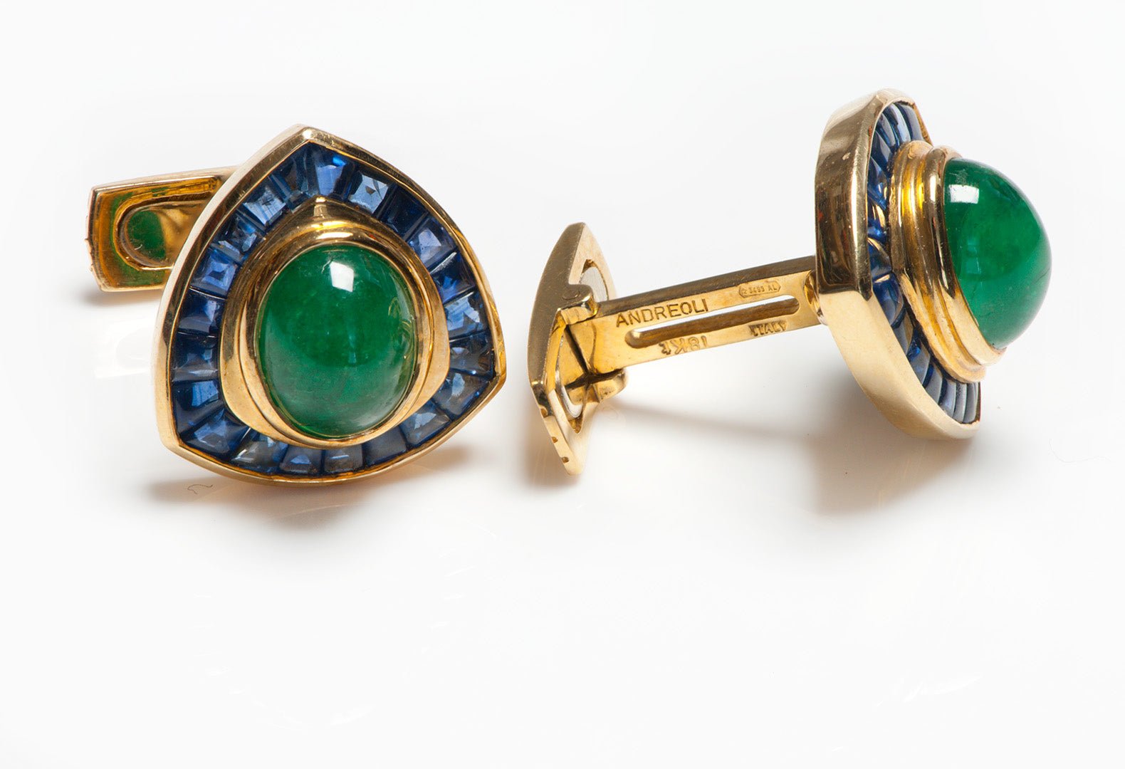 Andreoli 18K Gold Emerald Sapphire Cufflinks - DSF Antique Jewelry