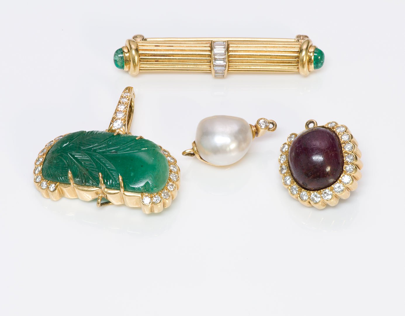 Andrew Clunn 18K Gold Emerald Diamond Pearl Ruby Pendant Pin - DSF Antique Jewelry