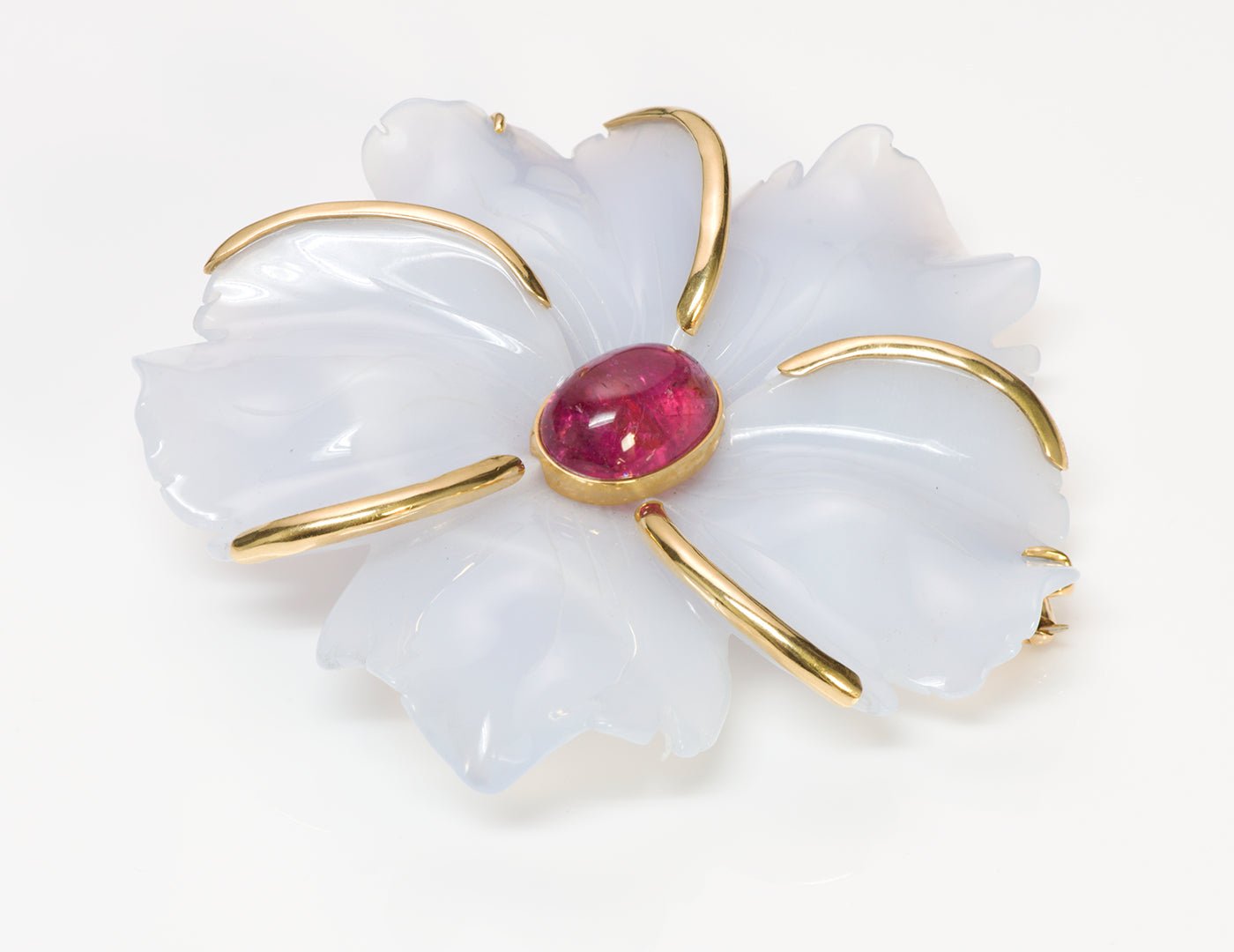 Andrew Clunn Agate Rubelite Flower 18K Gold Brooch - DSF Antique Jewelry