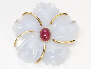 Andrew Clunn Agate Rubelite Flower 18K Gold Brooch
