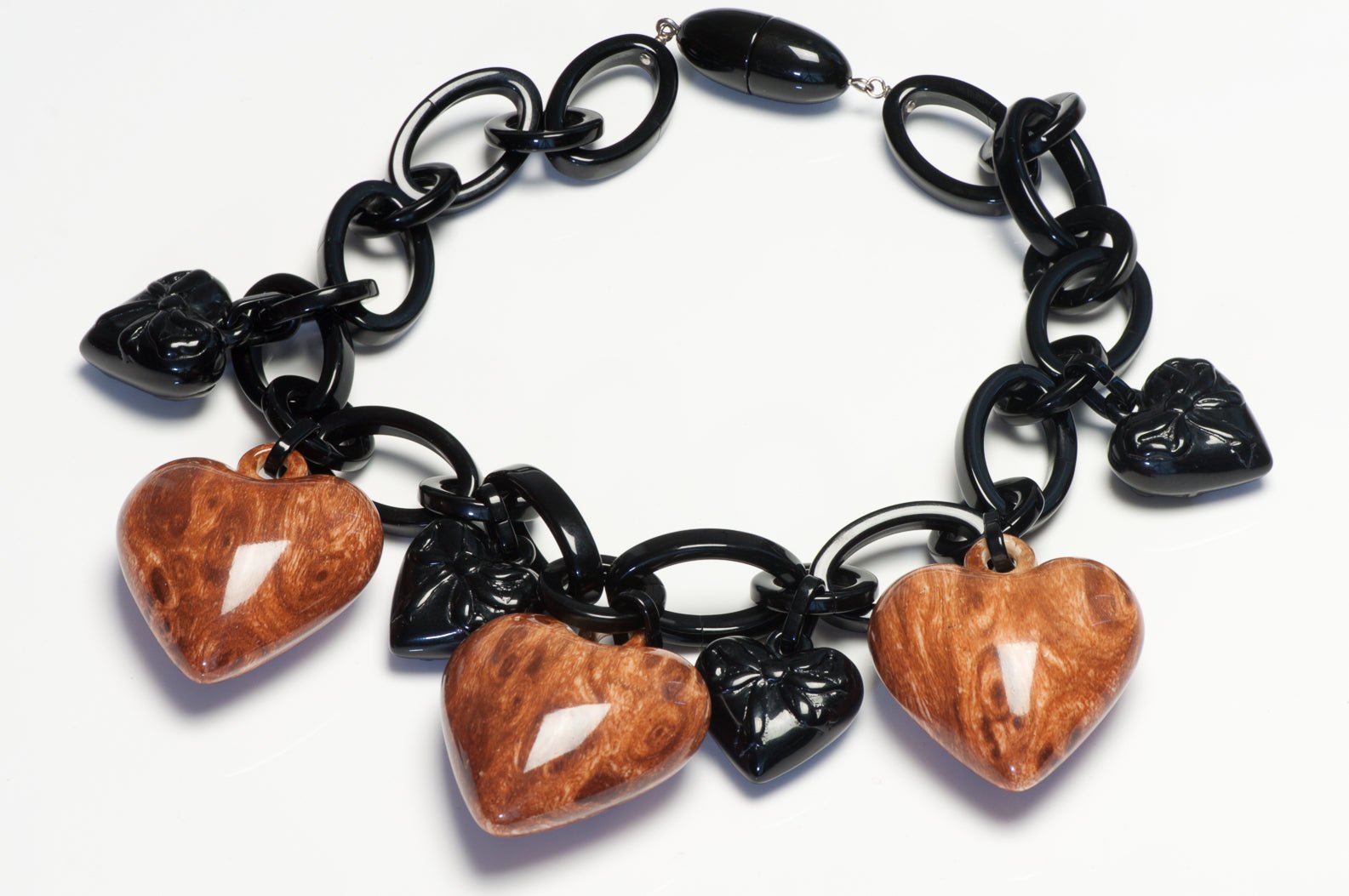 Angela Caputi Black Brown Resin Bow Puffy Heart Chain Link Necklace