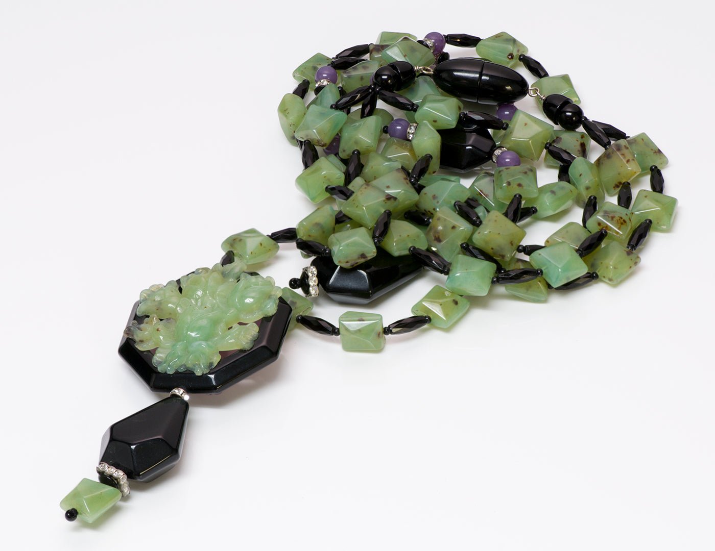 Angela Caputi Faux Jade Onyx Resin Rose Multi Strand Necklace - DSF Antique Jewelry