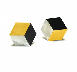 Angela Cummings Geometric Cube Earrings 18K Gold Onyx Mother-of-Pearl