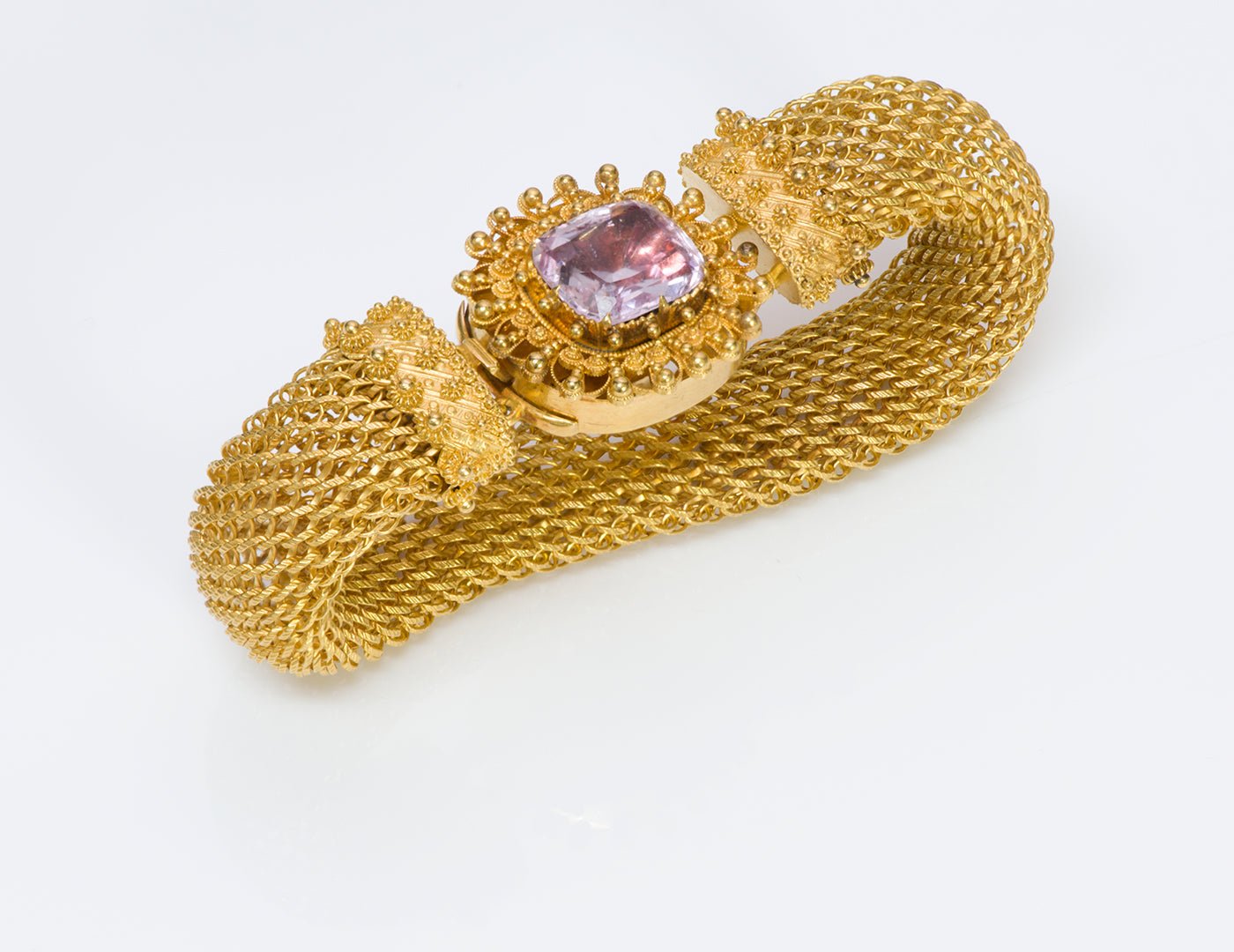 Antique 1840's Pink Topaz Gold Mesh Bracelet - DSF Antique Jewelry