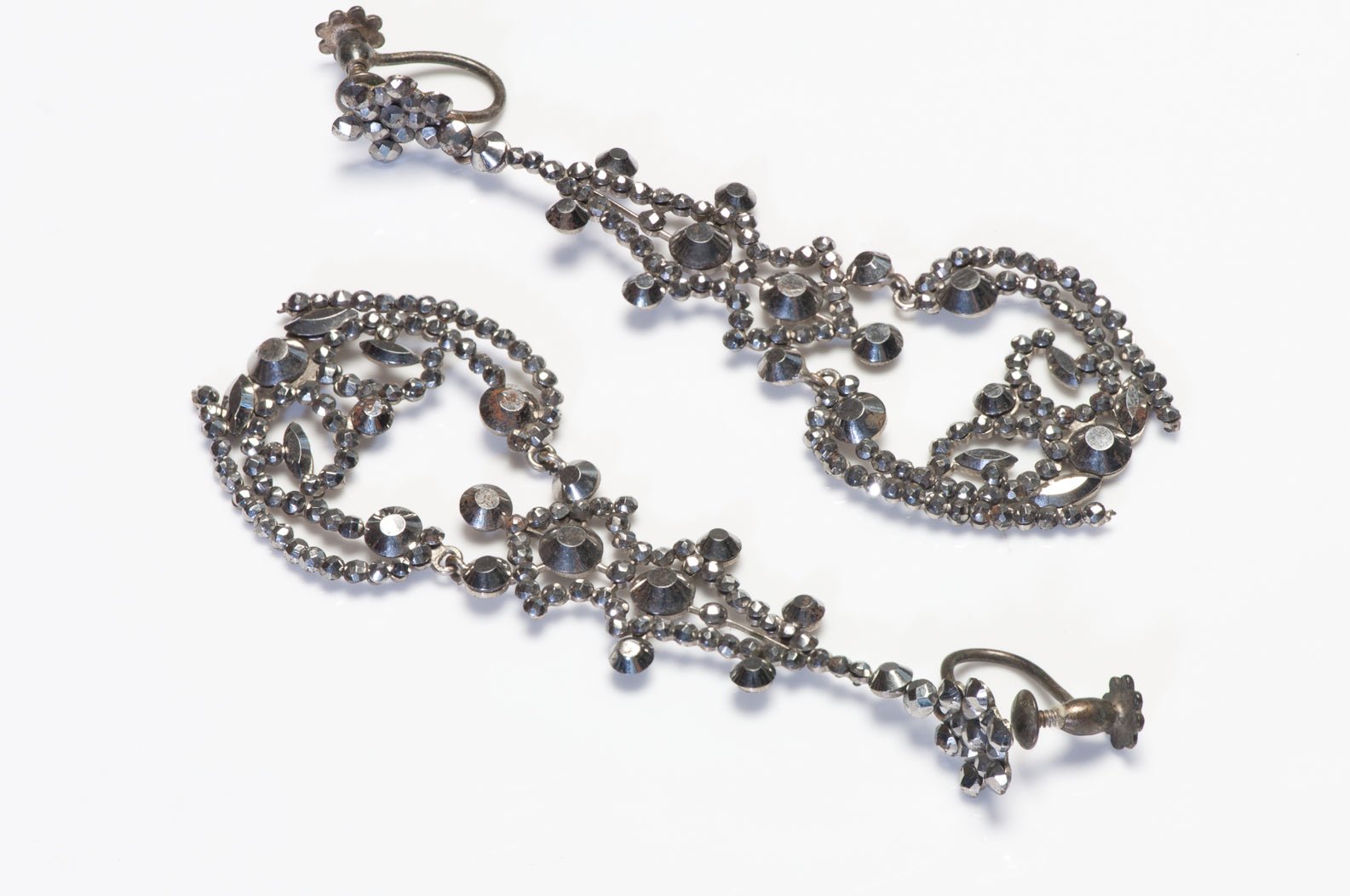 Antique 1850 French Long Chandelier Cut Steel Earrings