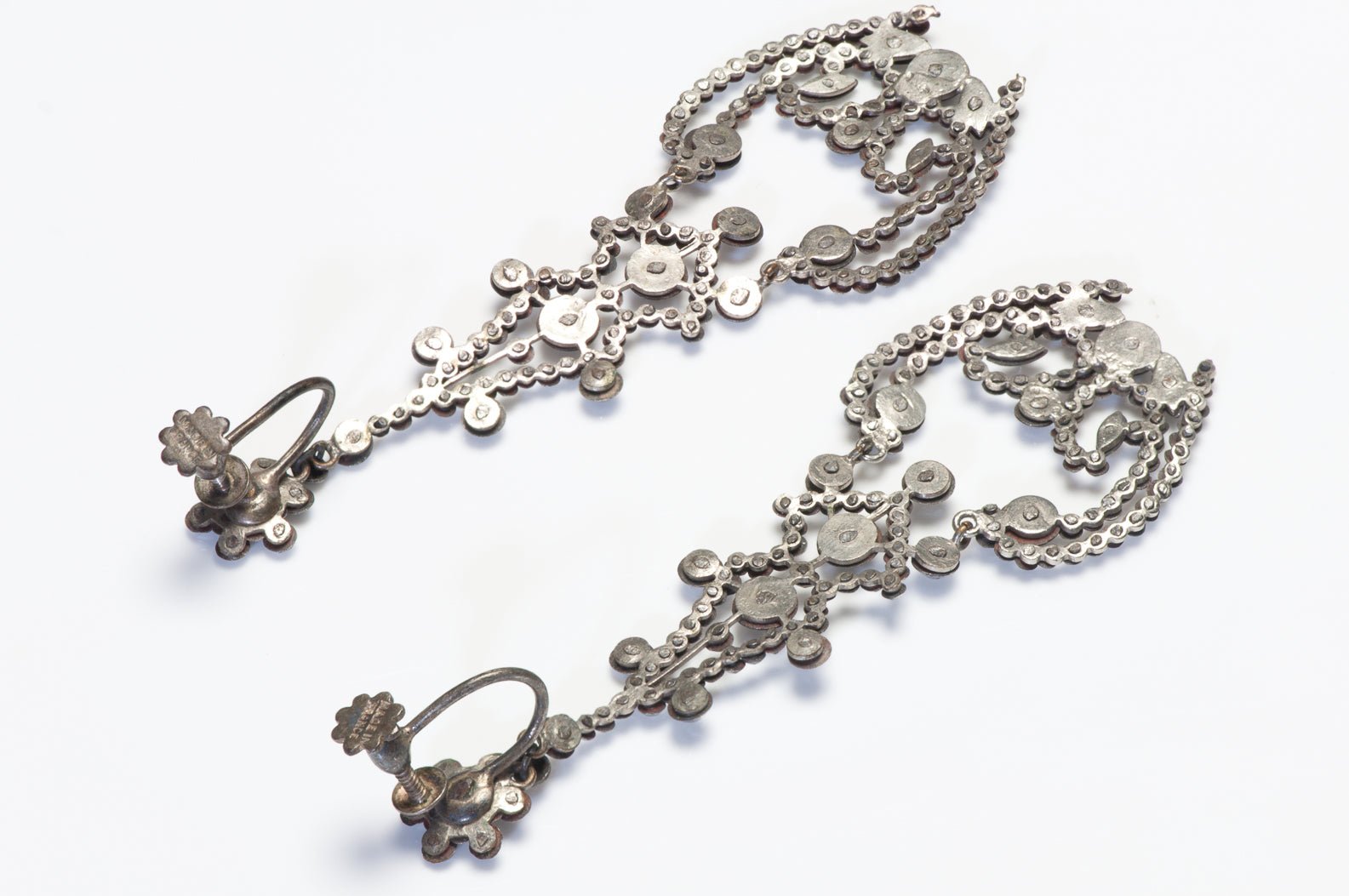 Antique 1850 French Long Chandelier Cut Steel Earrings