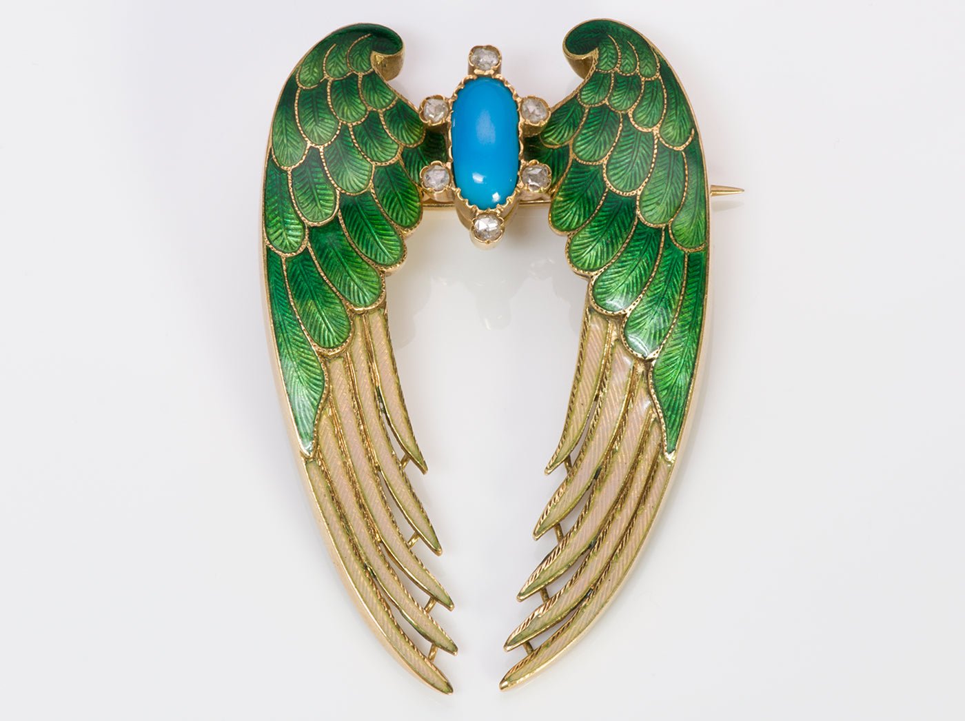 Antique 1860's Gold Enamel Turquoise Diamond Wings Brooch Pin