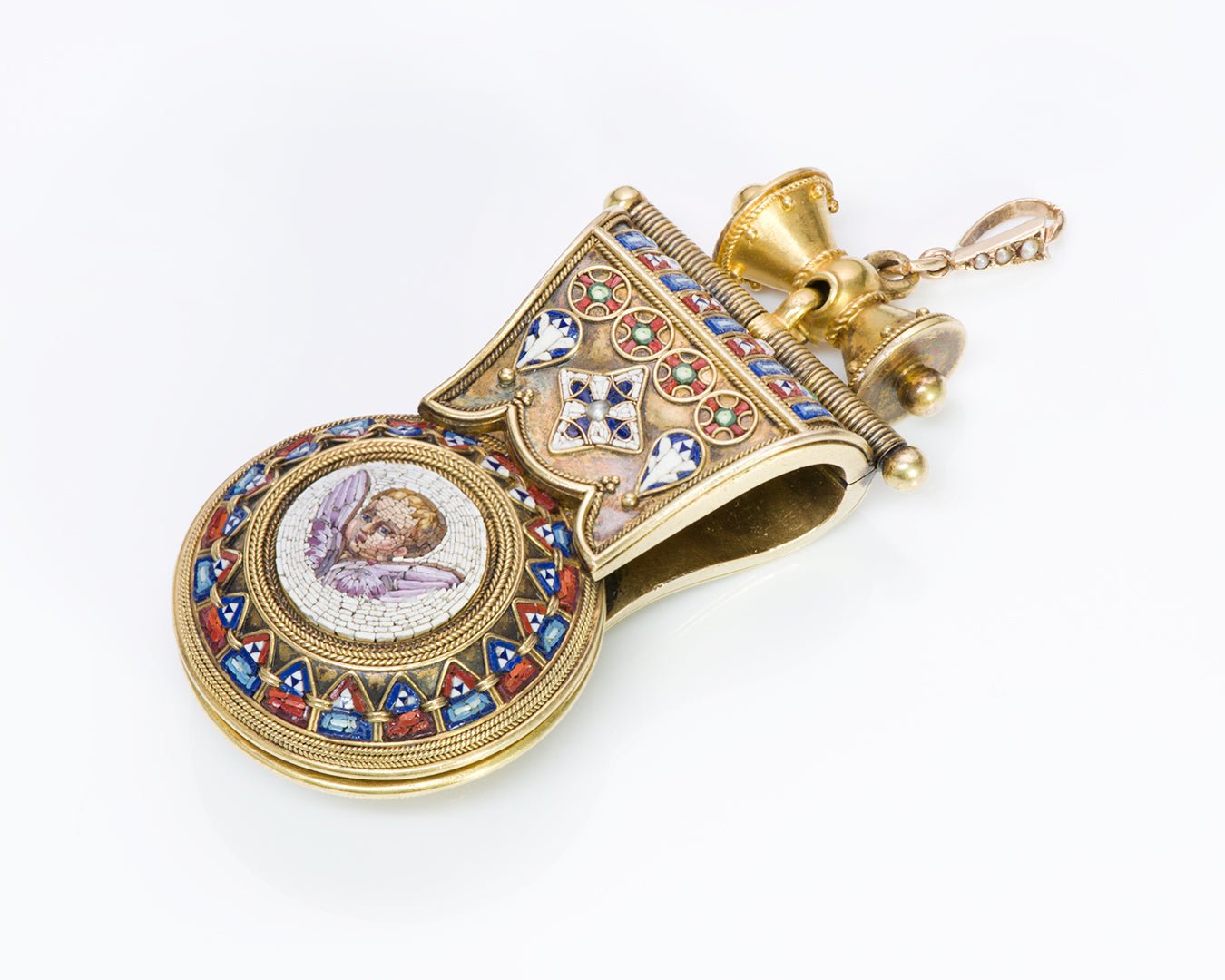 Antique 18K Gold Cherub Bird Mosaic Bulla Pendant Locket - DSF Antique Jewelry