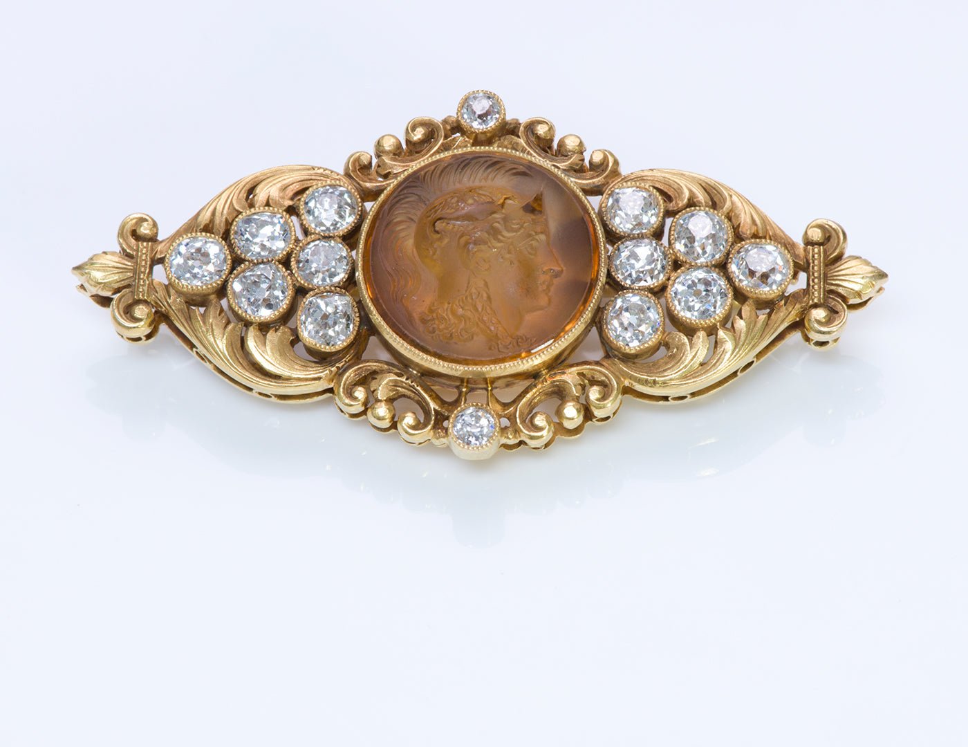 Antique 18K Gold Diamond Citrine Cameo Brooch by Gustav Manz - DSF Antique Jewelry