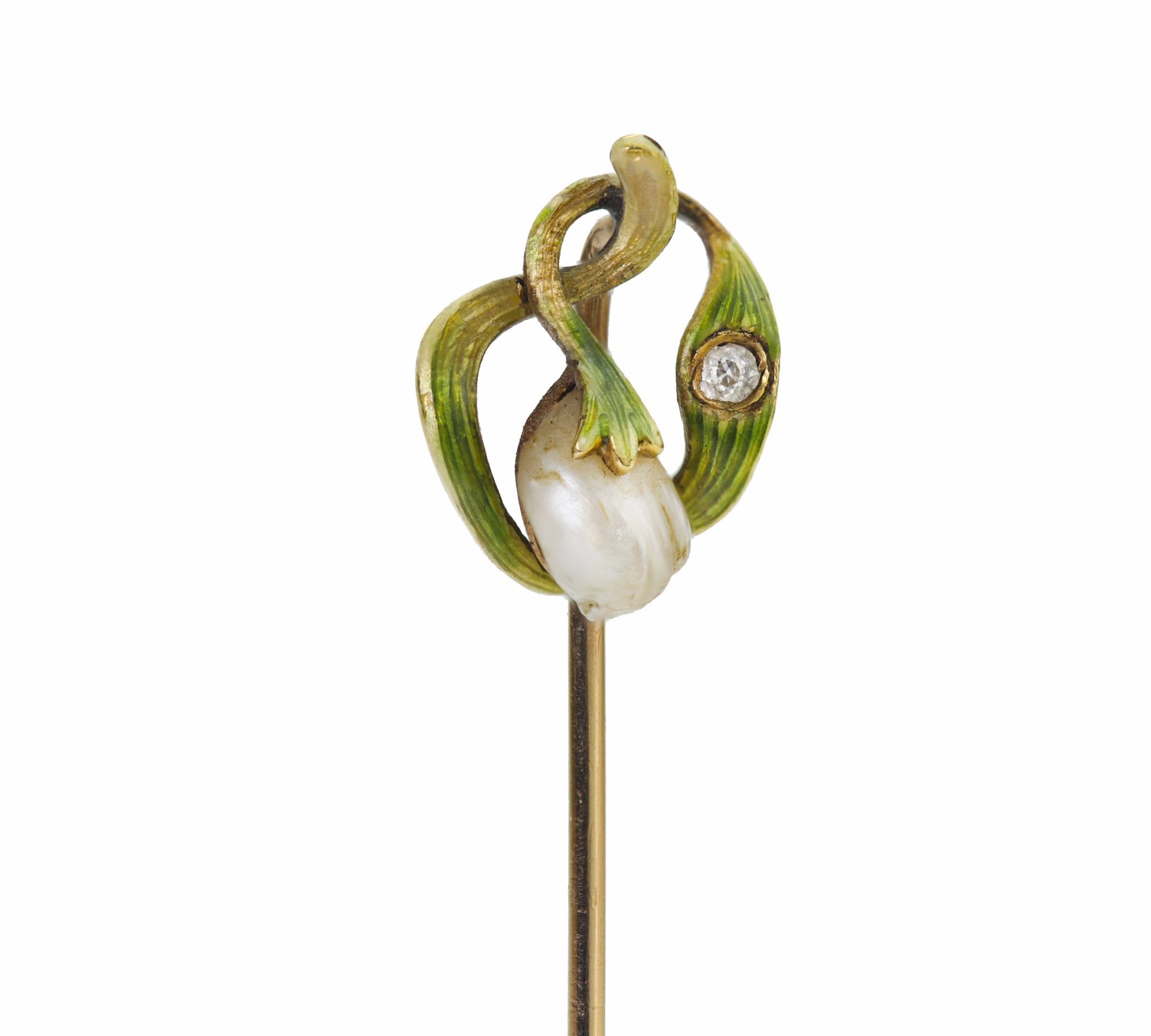 Antique 18K Gold Freshwater Pearl Diamond Stick Pin - DSF Antique Jewelry