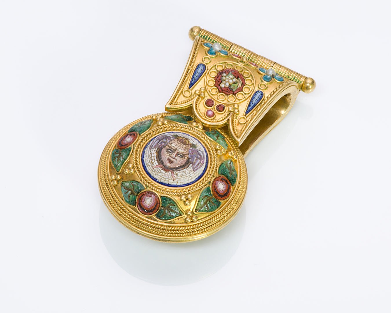 Antique 18K Gold Medusa Mosaic Pearl Bulla Pendant - DSF Antique Jewelry