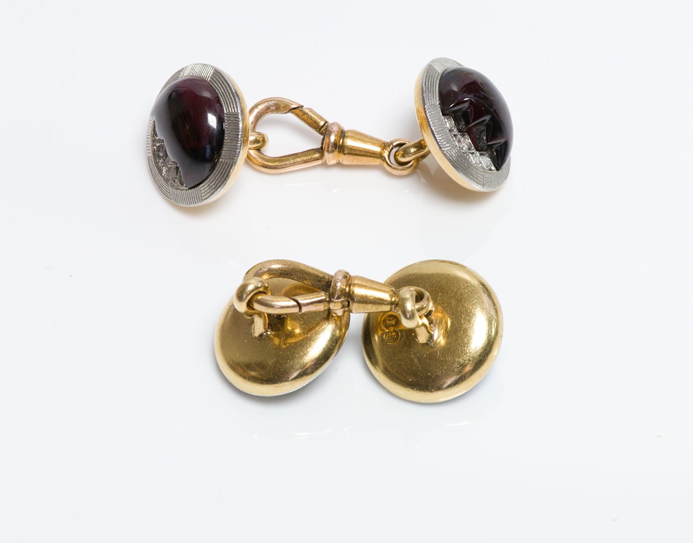 Antique 18K Gold & Platinum Carved Garnet & Diamond Cufflinks - DSF Antique Jewelry