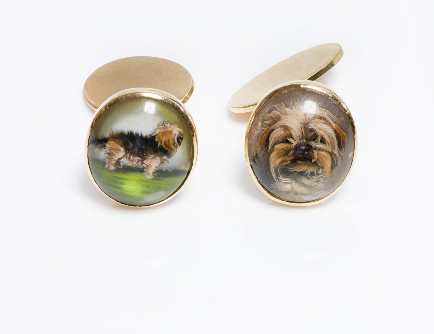 Antique 18K Gold Reverse Crystal Yorkshire Dog Cufflinks - DSF Antique Jewelry