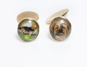 Antique 18K Gold Reverse Crystal Yorkshire Dog Cufflinks
