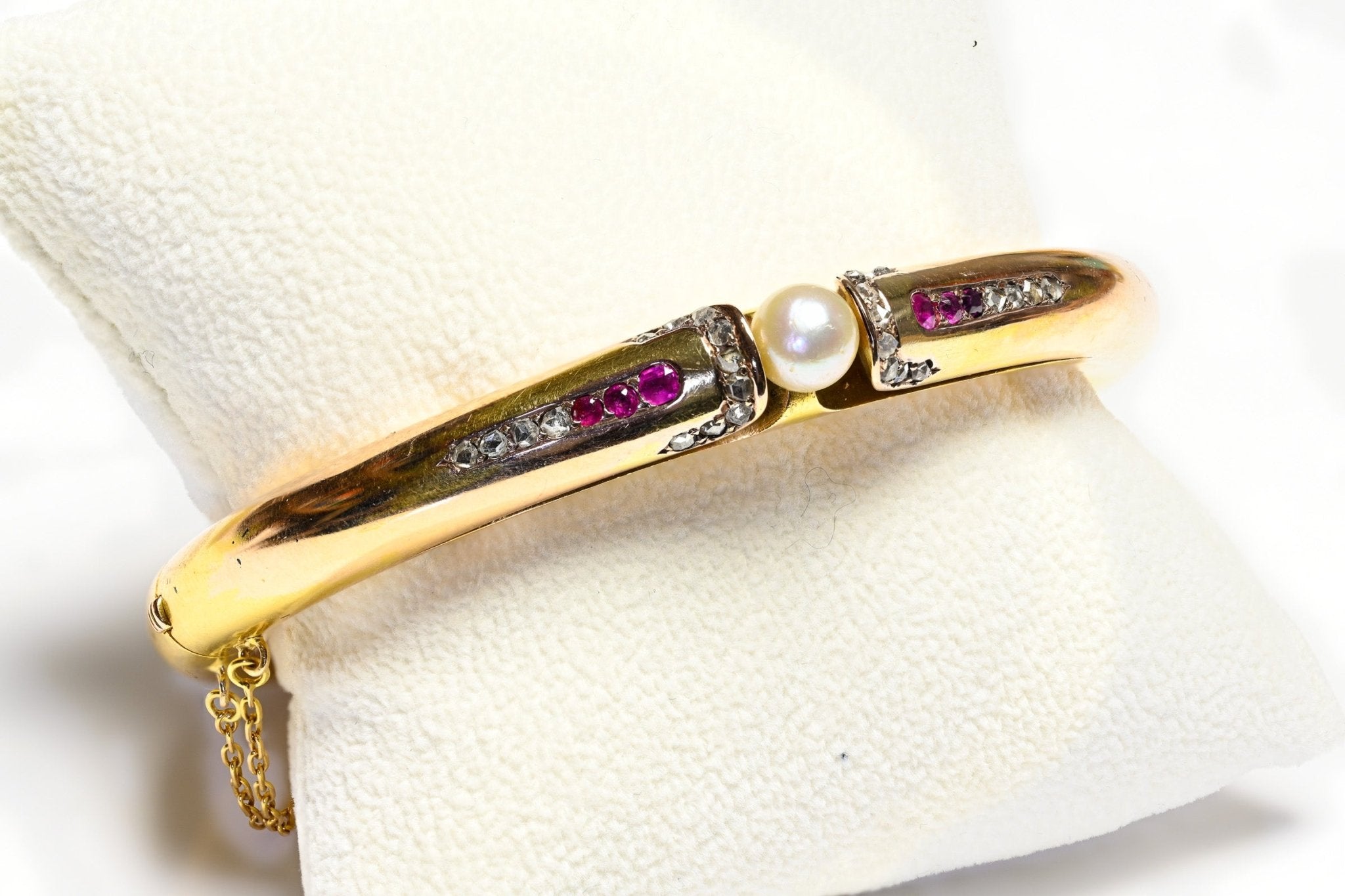 Antique 18K Gold Ruby Diamond Natural Pearl Bangle Bracelet - DSF Antique Jewelry