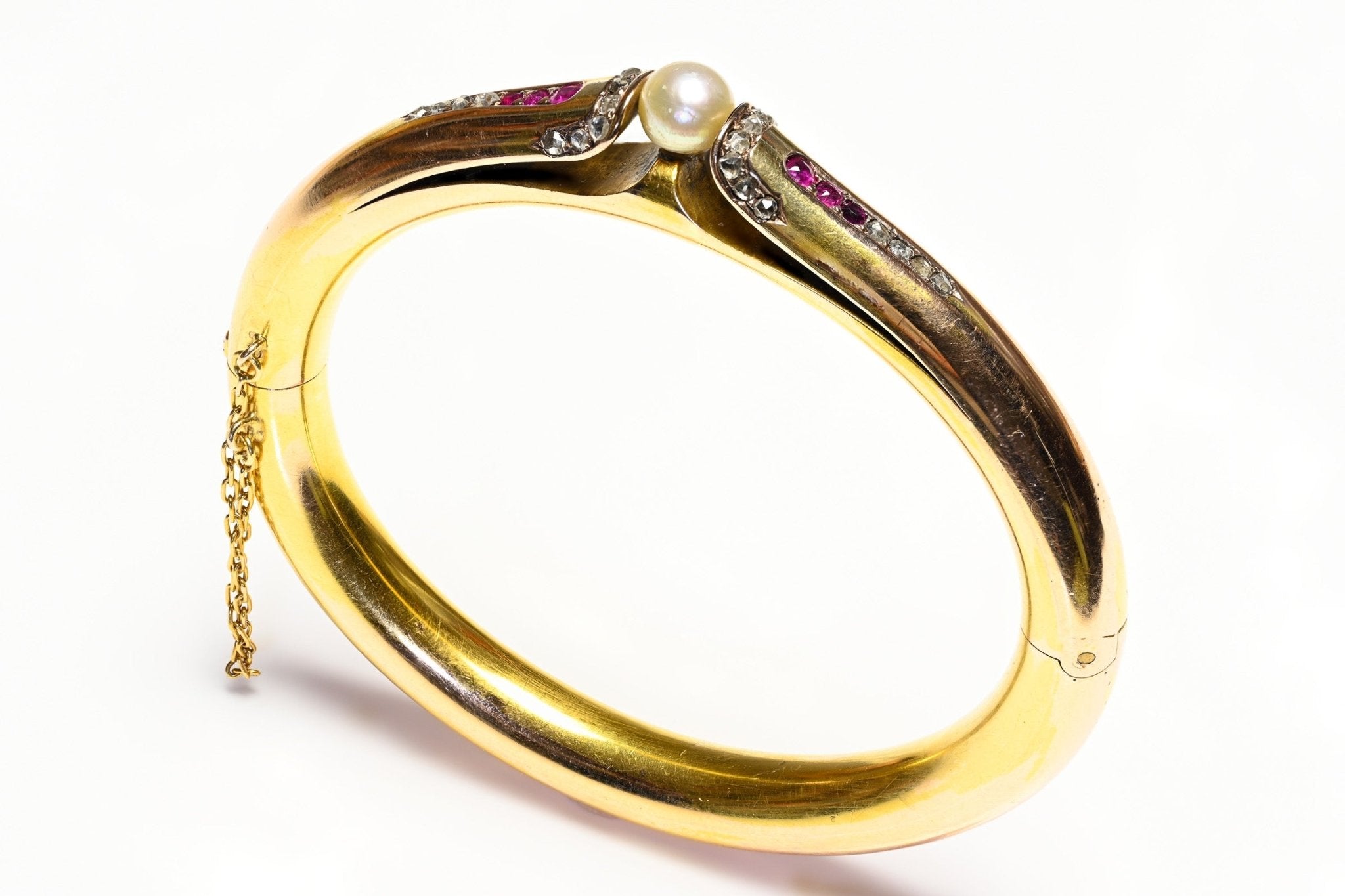Antique 18K Gold Ruby Diamond Natural Pearl Bangle Bracelet