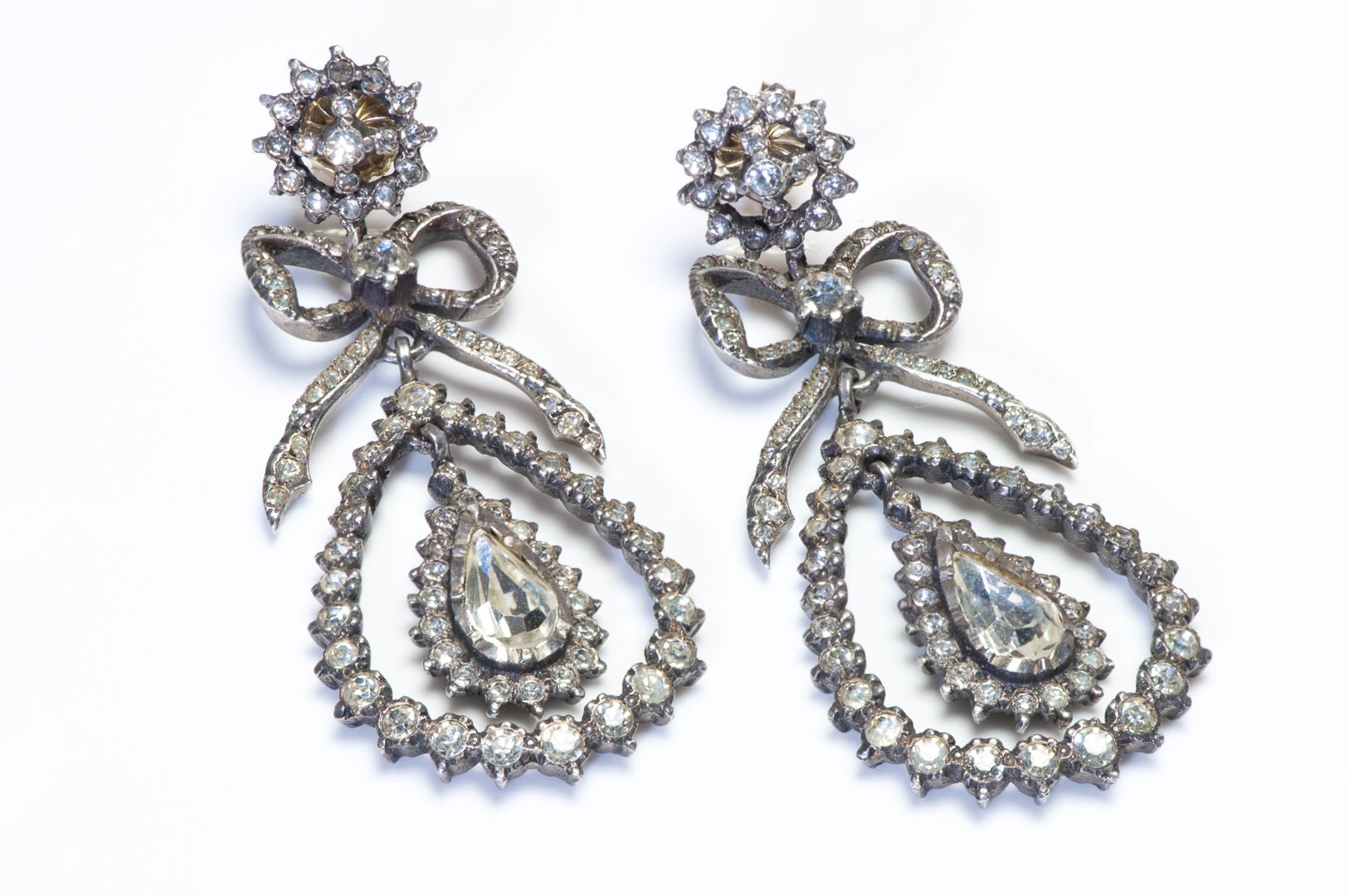 Antique 1900 Belle Époque Sterling Silver Paste Flower Bow Earrings