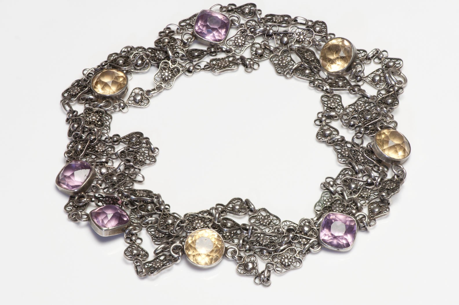Antique 1900 Sterling Silver Pierced Chain Amethyst Citrine Sautoir Necklace