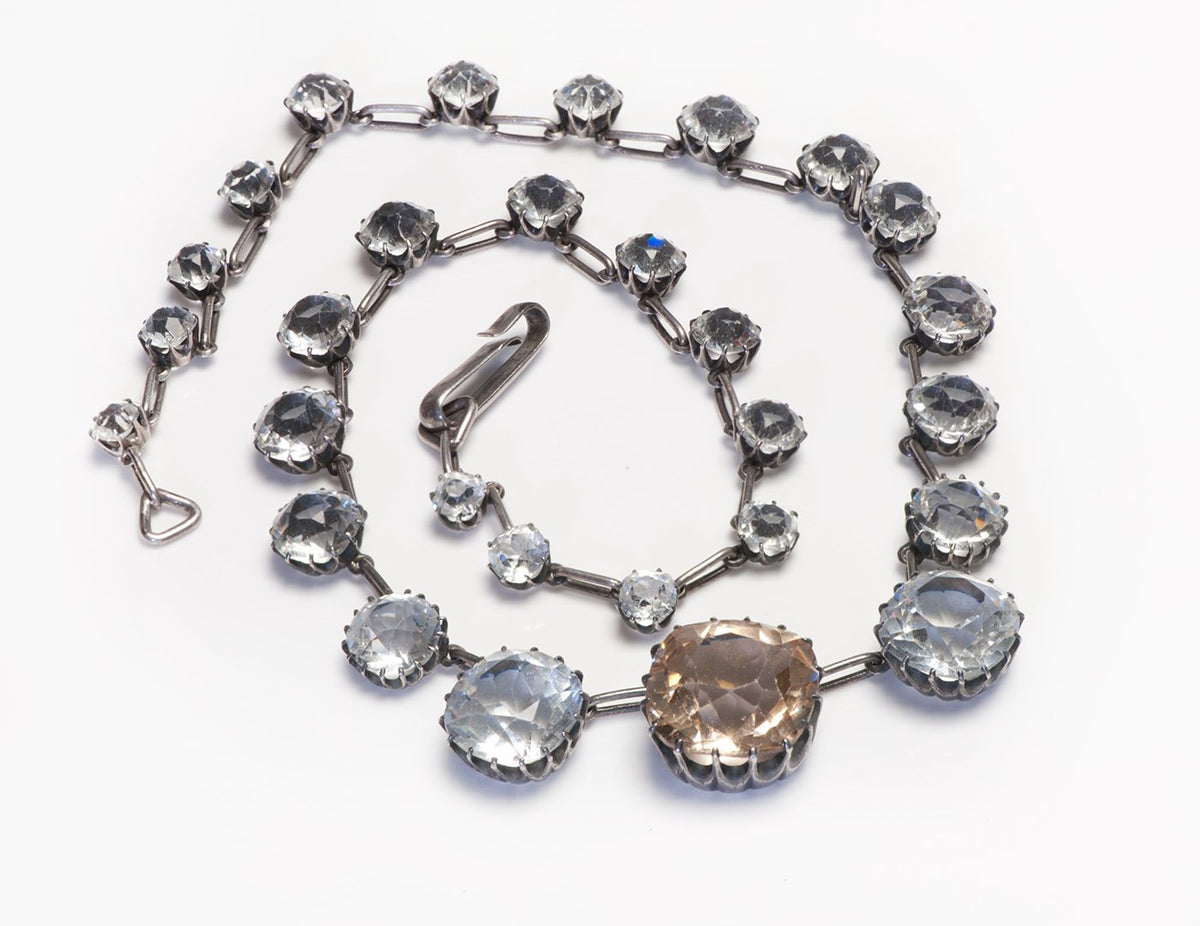 Antique 1900 Sterling Silver White Yellow Paste Rivière Necklace