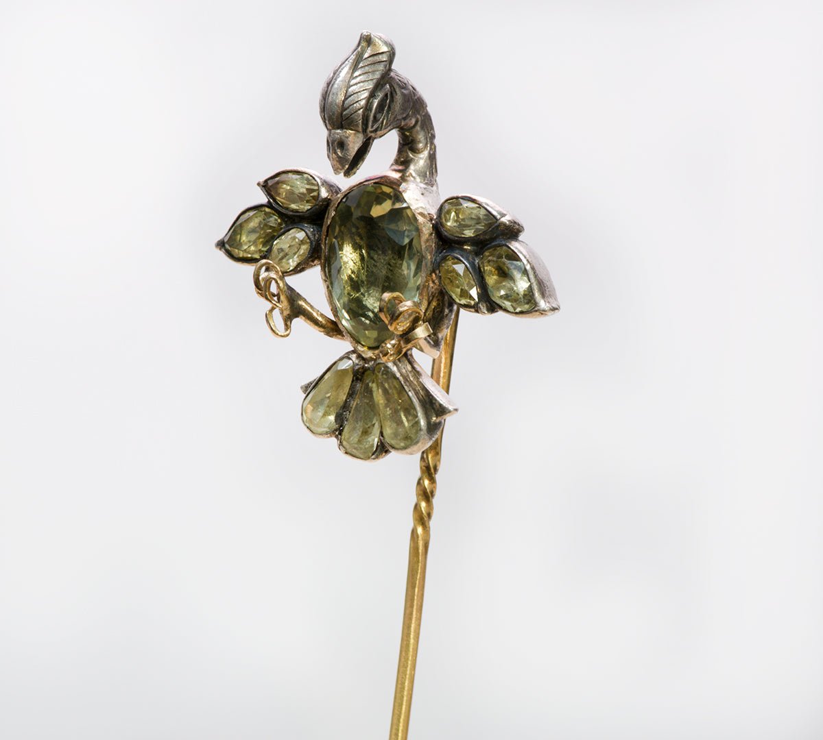 Antique 19th Century Chrysolite Silver Toped Gold Falcon Stick Pin