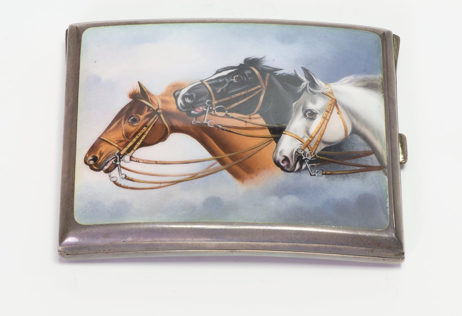 Antique 900 Silver Enamel 3 Horses Cigarette Case