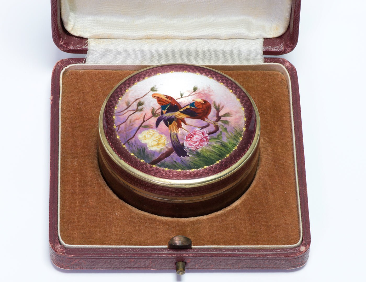 Antique 935 Silver Enamel Golden Pheasant Round Box