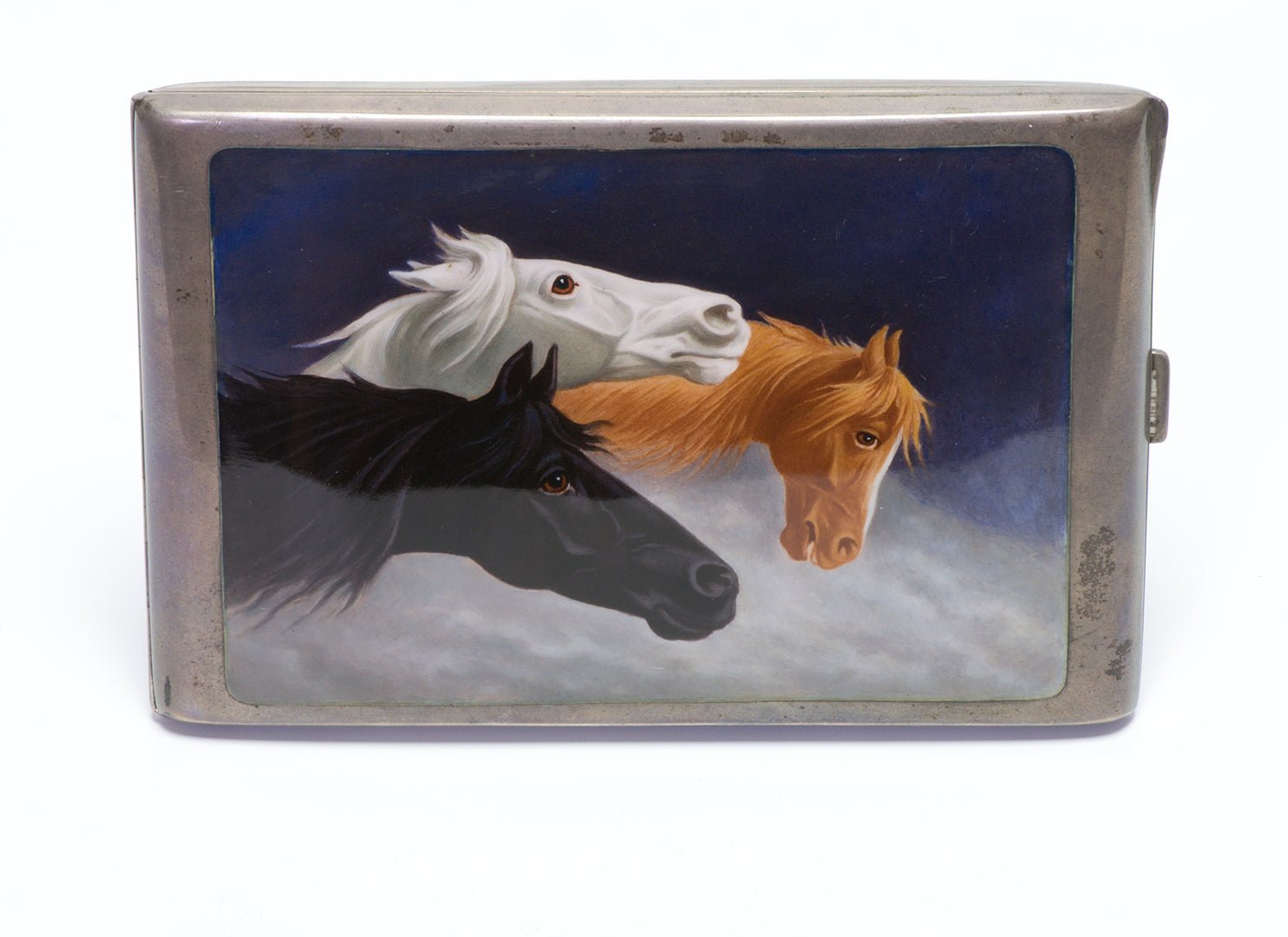 Antique 935 Silver Enamel Roan White & Black Horse Cigarette Case