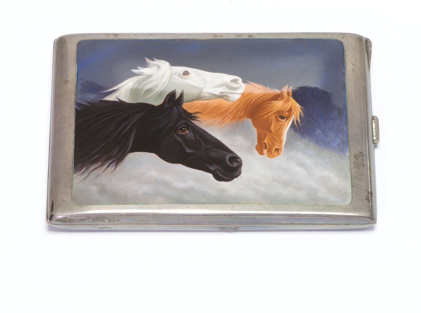 Antique 935 Silver Enamel Roan White & Black Horse Cigarette Case