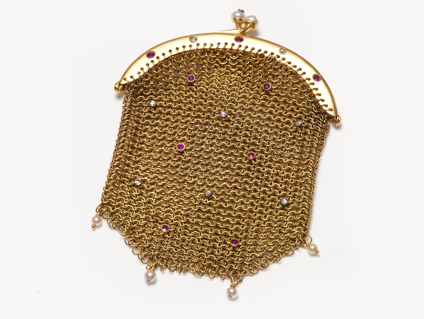 Antique 9K Gold Diamond Ruby Pearl Miniature Mesh Purse - DSF Antique Jewelry