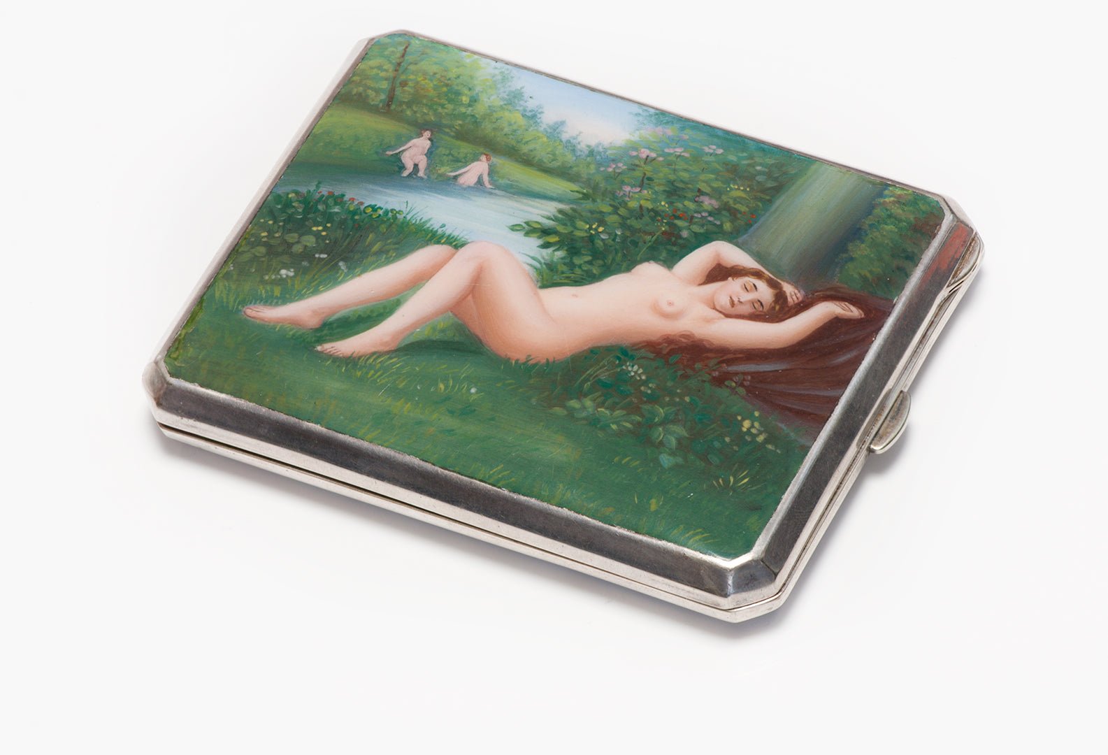 Antique Alpaca Enameled Erotic Nude Cigarette Case - DSF Antique Jewelry